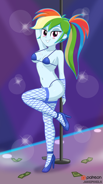 Size: 546x970 | Tagged: questionable, artist:jakepixels, derpibooru import, rainbow dash, human, equestria girls, g4, bikini, blushing, breasts, clothes, fishnet clothing, fishnet gloves, fishnets, gloves, high heels, image, looking at you, money, png, shoes, socks, stockings, strip club, stripper, stripper pole, swimsuit, thigh highs