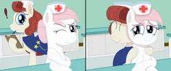 Size: 6000x2500 | Tagged: safe, artist:mariculture, ponerpics import, nurse neightingale, nurse redheart, earth pony, pony, clipboard, duo, exclamation point, female, hat, image, mare, massage, nurse, nurse hat, png, wince