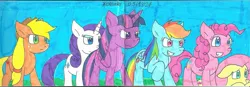 Size: 2338x816 | Tagged: safe, artist:cmara, derpibooru import, applejack, fluttershy, pinkie pie, rainbow dash, rarity, twilight sparkle, alicorn, earth pony, pegasus, unicorn, g4, female, horn, image, jpeg, mane six, marker drawing, traditional art