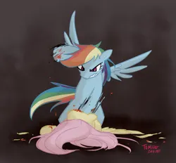 Size: 1467x1361 | Tagged: grimdark, artist:siemensohm, derpibooru import, fluttershy, rainbow dash, blood, image, png