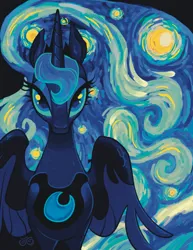 Size: 1583x2048 | Tagged: safe, artist:janegumball, derpibooru import, princess luna, alicorn, pony, colored sclera, eyeshadow, female, horn, image, jewelry, jpeg, lidded eyes, looking at you, makeup, mare, peytral, regalia, solo, starry night, wings