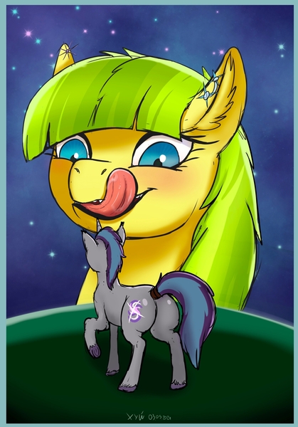 Size: 1668x2388 | Tagged: suggestive, artist:xyi, derpibooru import, oc, oc:lemon drop, oc:verlo streams, butt, drool, image, jpeg, licking, macro, night, plot, size difference, sketch, stars, tongue out