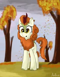 Size: 1298x1657 | Tagged: safe, artist:aubs, artist:derpy_fan, derpibooru import, autumn blaze, kirin, autumn, image, leaf, newbie artist training grounds, png, solo