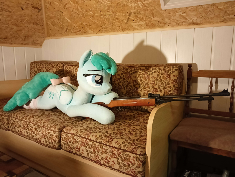 Size: 4080x3072 | Tagged: safe, artist:epicrainbowcrafts, derpibooru import, spring melody, sprinkle medley, pegasus, pony, g4, bow, clothes, couch, gun, image, irl, life size, photo, plushie, png, rifle, socks, tail, tail bow, weapon