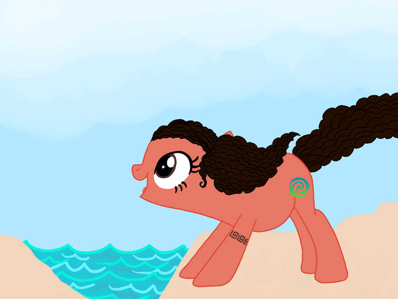 Size: 2732x2048 | Tagged: safe, artist:creativa-artly01, derpibooru import, earth pony, g4, beach, brown eyes, brown hair, brown mane, brown tail, curly hair, curly mane, curly tail, cute, disney, disney princess, female, image, island, jpeg, moana, polynesian, rule 85, solo, tail, tattoo, water