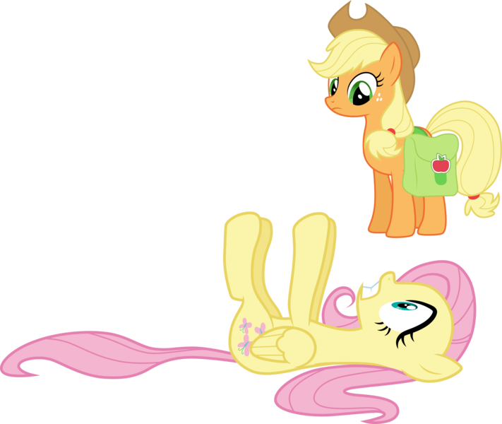 Size: 3556x3000 | Tagged: safe, artist:cloudy glow, derpibooru import, applejack, fluttershy, earth pony, pegasus, pony, g4, applejack's hat, bag, cowboy hat, duo, duo female, female, hat, image, lying down, mare, png, prone, saddle bag, simple background, transparent background