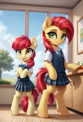 Size: 800x1169 | Tagged: safe, ai content, derpibooru import, machine learning generated, prompter:gregorymars, stable diffusion, apple bloom, babs seed, earth pony, pony, semi-anthro, g4, bipedal, clothes, duo, duo female, female, filly, foal, generator:pony diffusion v6 xl, image, jpeg, mare, school, school uniform, skirt, standing