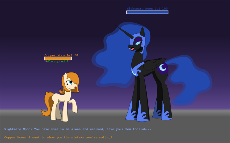 Size: 3336x2072 | Tagged: suggestive, artist:lucarioshirona, derpibooru import, nightmare moon, oc, oc:copper moon, dialogue, duo, gradient background, image, png, video game