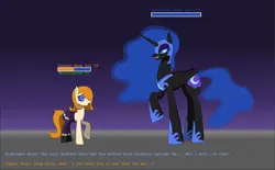 Size: 3336x2072 | Tagged: suggestive, artist:lucarioshirona, derpibooru import, nightmare moon, oc, oc:copper moon, dialogue, duo, gradient background, hypnosis, image, png, shadowbolts, video game