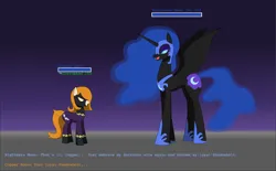 Size: 3336x2072 | Tagged: suggestive, artist:lucarioshirona, derpibooru import, nightmare moon, oc, oc:copper moon, defeated, dialogue, duo, gradient background, hypnosis, image, png, shadowbolts, video game