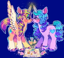 Size: 500x450 | Tagged: safe, artist:njeekyo, derpibooru import, izzy moonbow, sunny starscout, alicorn, earth pony, pony, unicorn, g5, my little pony: a new generation, blue background, blushing, boop, digital art, drawing, duo, duo female, female, glow, glowing horn, heart, horn, image, lesbian, lidded eyes, looking at each other, looking at someone, magic, mane stripe sunny, mare, noseboop, paper, pixel art, png, race swap, ship:moonscout, shipping, simple background, spread wings, sunnycorn, wings