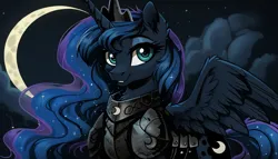 Size: 1344x768 | Tagged: safe, ai content, derpibooru import, machine learning generated, stable diffusion, princess luna, alicorn, armor, ethereal mane, generator:pony diffusion v6 xl, image, looking at you, moon, png, prompter:craft, spread wings, wings