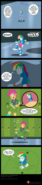 Size: 900x3968 | Tagged: safe, artist:niban-destikim, derpibooru import, rainbow dash, scootaloo, human, equestria girls, g4, 2d, boots, canterlot high, clothes, commission, compression shorts, cutie mark, cutie mark on clothes, dialogue, female, hallway, handheld, hoodie, image, jacket, jpeg, lockers, micro, multicolored hair, patreon, patreon logo, rainbow hair, shirt, shoes, short sleeves, skirt, thunderbolt, word bubble, wristband