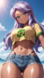 Size: 768x1344 | Tagged: suggestive, ai content, derpibooru import, editor:sammykun, machine learning generated, diamond tiara, human, g4, anime, beach, belly, belly button, big breasts, bikini, bikini bottom, brazil, breasts, busty diamond tiara, clothes, cloud, denim, denim shorts, female, fisheye lens, flag, generator:yodayo, glossy, humanized, image, jewelry, jpeg, long hair, looking at you, looking down, looking down at you, low angle, meme outfit, midriff, oil, oily skin, prompter:sammykun, sand, sexy, short shirt, shorts, sky, smiling, solo, sultry pose, sun, swimsuit, tan skin, tanned, thighs, tiara, wide hips