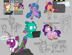 Size: 6500x5000 | Tagged: safe, artist:sketchyboi25, derpibooru import, discord, hitch trailblazer, izzy moonbow, pipp, pipp petals, posey (g5), sparky sparkeroni, sunny starscout, zipp storm, changeling queen oc, oc, alicorn, changeling, changeling queen, draconequus, dragon, earth pony, pegasus, pony, unicorn, g5, spoiler:g5comic, allura, changeling oc, doodle, female, gray background, horn, image, implied fluttershy, ipad, misty brightdawn, old man discord, opaline arcana, pipp is short, png, simple background, speech bubble