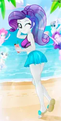 Size: 793x1558 | Tagged: safe, artist:charliexe, derpibooru import, coco pommel, coloratura, pinkie pie, rarity, starlight glimmer, human, equestria girls, g4, alternate hairstyle, bangs, beach, blurry background, clothes, cloud, countess coloratura, curly hair, diamond, drink, equestria girls specials, equestria girls-ified, eyeshadow, feet, female, hairclip, image, jpeg, legs, looking at you, makeup, my little pony equestria girls: forgotten friendship, ocean, one eye closed, outdoors, palm tree, ponytail, rarity's beach shorts swimsuit, sand, sandals, sarong, sky, sleeveless, smiling, smiling at you, straw, swimsuit, toes, tree, water, wink