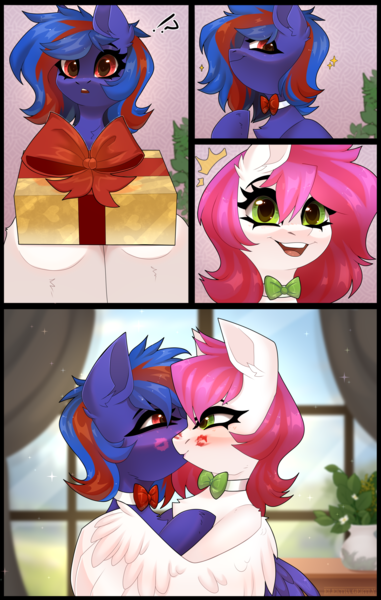 Size: 2345x3694 | Tagged: safe, artist:elektra-gertly, derpibooru import, oc, oc:ellie berryheart, oc:redline lightwing, unofficial characters only, pegasus, pony, exclamation point, house plant, image, implied kissing, interrobang, kiss mark, lipstick, png, present, question mark