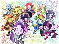 Size: 5280x3910 | Tagged: safe, artist:禾刀一木, derpibooru import, applejack, fluttershy, pinkie pie, rainbow dash, rarity, sci-twi, starlight glimmer, sunset shimmer, trixie, twilight sparkle, human, equestria girls, g4, acoustic guitar, belt, boots, clothes, cowboy boots, cowboy hat, drums, electric guitar, guitar, hat, humane five, humane seven, humane six, image, jacket, jpeg, keytar, microphone, musical instrument, ponied up, shirt, shoes, skirt, socks, tambourine, twolight, vest