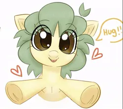 Size: 936x833 | Tagged: safe, artist:mushy, derpibooru import, oc, oc:pea, unofficial characters only, earth pony, pony, dialogue, female, filly, floating heart, foal, heart, hooves out, hug request, image, incoming hug, jpeg, looking at you, simple background, smiling, smiling at you, speech bubble, talking to viewer, tongue out, underhoof, white background