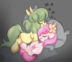 Size: 2048x1760 | Tagged: safe, artist:mushy, derpibooru import, oc, oc:kayla, oc:pea, earth pony, pony, cuddling, duo, duo female, earth pony oc, eyes closed, female, filly, flower, flower in hair, foal, gift art, image, jpeg, lying down, onomatopoeia, pillow, sleeping, smiling, sound effects, tail, underhoof, zzz