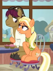 Size: 1082x1440 | Tagged: safe, derpibooru import, screencap, mane allgood, snap shutter, g4, the last crusade, chair, cropped, cuddling, duo, duo male and female, female, flirting, image, jpeg, male, sitting, table, window