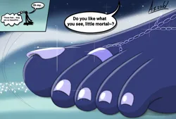 Size: 3069x2078 | Tagged: safe, artist:az12lol, derpibooru import, princess luna, alicorn, anthro, human, plantigrade anthro, pony, g4, az12lol, barefoot, barefoot sandals, barefooting, big feet, dream realm, feet, female, fetish, foot fetish, foot focus, foot worship, giant alicorn, giant anthro, giantess, giantess size difference, goddess, humanized, image, jewelry, macro, male, mega giant, mega luna, nail polish, png, size comparison, size difference, soles, solo, toe ring, toenail polish, toenails, toes