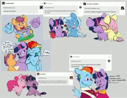 Size: 4096x3151 | Tagged: safe, artist:chub-wub, derpibooru import, fluttershy, pinkie pie, rainbow dash, scootaloo, trixie, twilight sparkle, earth pony, pegasus, pony, unicorn, g4, ask, badge, bangs, beard, blue coat, blue eyes, blue mane, blue tail, blushing, chest fluff, chibi, clothes, colored, colored sketch, crossed hooves, curly mane, curly tail, cute, cutealoo, dialogue, drawing, evil twilight, eyebrows, eyebrows visible through hair, eyelashes, eyes closed, facial hair, female, flat colors, flirting, flower, frown, glow, glowing horn, gray background, hatching (technique), holding, hoof hold, horn, image, jpeg, kneeling, lesbian, lidded eyes, looking away, lying down, magic, male, mare, messy mane, messy tail, missing cutie mark, multicolored hair, multicolored mane, no pupils, nonbinary, nudging, nuzzling, on one knee, one eye closed, open mouth, open smile, orange coat, partially open wings, pink mane, pink tail, prone, purple coat, purple eyes, purple mane, rainbow hair, raised eyebrow, red eyes, requested art, rose, scootadoption, ship:twishy, ship:twixie, shipping, short mane twilight sparkle, simple background, sitting, sketch, smiling, speech bubble, tail, talking, telekinesis, text, three toned mane, trans male, trans rainbow dash, trans twilight sparkle, transgender, tumblr, twidash, twilight sparkle is not amused, twinkie, two toned mane, two toned tail, unamused, unicorn twilight, uniform, wall of tags, wings, wink, yellow coat