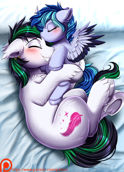 Size: 2678x3701 | Tagged: safe, artist:pridark, derpibooru import, oc, oc:jewel blue, oc:sil feather, unofficial characters only, pegasus, pony, unicorn, duo, forehead kiss, horn, image, kissing, pegasus oc, png, unicorn oc, wings