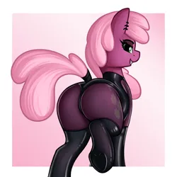 Size: 2440x2440 | Tagged: suggestive, artist:andelai, derpibooru import, cheerilee, earth pony, pony, g4, bedroom eyes, butt, clothes, ear piercing, earring, female, flowerbutt, gradient background, grin, high res, image, jewelry, latex, lidded eyes, looking at you, looking back, looking back at you, mare, piercing, plot, png, raised leg, smiling, smiling at you, socks, solo, stockings, tail, tail wrap, thigh highs