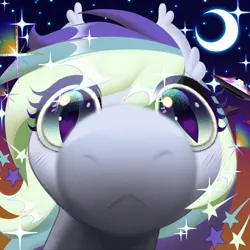 Size: 3000x3000 | Tagged: safe, artist:rrd-artist, derpibooru import, oc, oc:wisty starshine, unofficial characters only, bat pony, behaving like a cat, blushing, close-up, crescent moon, cute, ear fluff, eyelashes, foreshortening, heart, heart eyes, horizon, image, looking at you, moon, multicolored eyes, multicolored mane, night, night sky, png, purple eyes, purple mane, sky, snoot, snout, solo, space, sparkles, sparkly mane, stars, teal eyes, teal mane, ufo, white coat, wingding eyes, yellow eyes, yellow mane