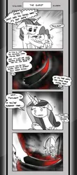 Size: 1451x3300 | Tagged: safe, artist:loreto-arts, derpibooru import, princess cadance, spike, twilight sparkle, twilight sparkle (alicorn), alicorn, dragon, pony, comic:friendship is innuendo, comic:friendship is innuendo vol. 2, colored horn, curved horn, disembodied horn, horn, image, monochrome, neo noir, partial color, png, sombra's horn, winged spike, wings