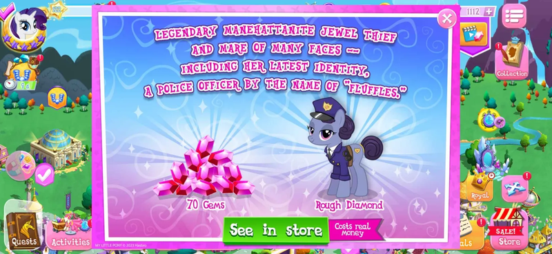 Size: 1620x747 | Tagged: safe, derpibooru import, idw, screencap, officer fluffles, rarity, rough diamond, earth pony, pony, unicorn, g4, advertisement, clothes, costs real money, disguise, english, female, gameloft, gem, horn, image, introduction card, mare, mobile game, my little pony: magic princess, numbers, png, police, police officer, sale, text