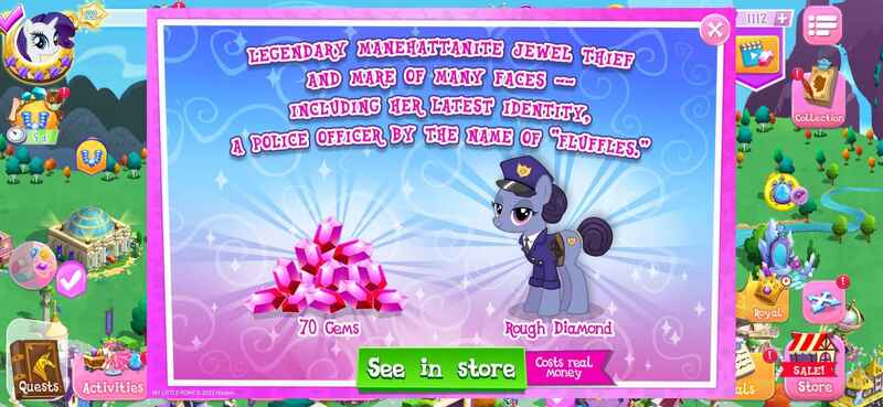 Size: 2340x1080 | Tagged: safe, derpibooru import, idw, screencap, officer fluffles, rarity, rough diamond, earth pony, pony, unicorn, g4, advertisement, clothes, costs real money, disguise, english, female, gameloft, gem, horn, image, introduction card, jpeg, mare, mobile game, my little pony: magic princess, numbers, police, police officer, sale, text