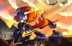 Size: 3000x1925 | Tagged: safe, artist:yuris, derpibooru import, oc, oc:solar storm, pony, unicorn, equestria at war mod, armor, armored pony, bullet, commission, explosion, field, floppy ears, fragments, frog (hoof), grin, horn, image, looking back, magic, mountain, plane, png, ricochet, shooting, smiling, solar empire, spear, tank (vehicle), telekinesis, underhoof, weapon