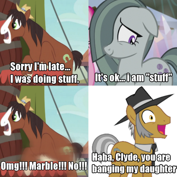 Size: 1024x1024 | Tagged: safe, artist:vectorizedunicorn, derpibooru import, edit, edited screencap, screencap, igneous rock pie, marble pie, trouble shoes, comic, dialogue, female, image, male, meme, png, ponified meme, screencap comic, ship:marbleshoes, shipping, straight, you are banging my daughter