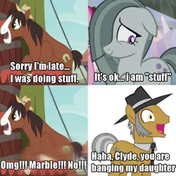 Size: 1024x1024 | Tagged: safe, artist:vectorizedunicorn, derpibooru import, edit, edited screencap, screencap, igneous rock pie, marble pie, trouble shoes, comic, dialogue, female, image, male, meme, png, ponified meme, screencap comic, ship:marbleshoes, shipping, straight, you are banging my daughter