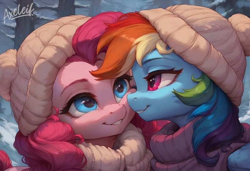 Size: 4096x2803 | Tagged: safe, ai content, derpibooru import, machine learning generated, prompter:axeleif, pinkie pie, rainbow dash, earth pony, pegasus, pony, g4, clothes, female, forest, hat, image, imminent kissing, jpeg, lesbian, looking at each other, looking at someone, nature, pinkiedash, scarf, shipping, snow, tree, winter, winter hat, winter outfit