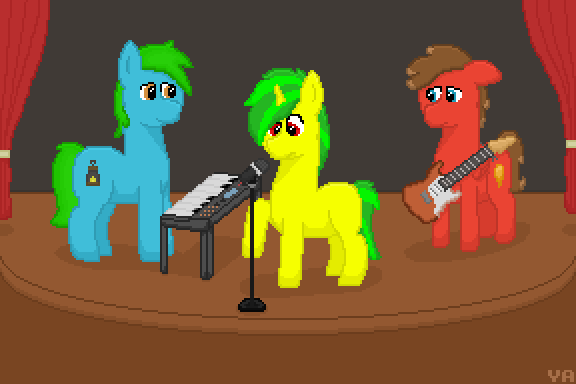 Size: 576x384 | Tagged: safe, artist:valuable ashes, derpibooru import, oc, oc:resin, oc:technical writings, oc:valuable ashes, unofficial characters only, earth pony, pegasus, pony, unicorn, digital art, electric guitar, guitar, horn, image, keyboard, microphone, musical instrument, pixel art, png, rainbow rocks 10th anniversary, stage, trio