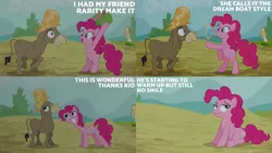 Size: 2000x1125 | Tagged: safe, derpibooru import, edit, edited screencap, editor:quoterific, screencap, cranky doodle donkey, pinkie pie, donkey, pony, a friend in deed, g4, caption, duo, image, png, text