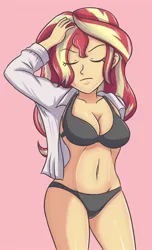 Size: 882x1450 | Tagged: suggestive, artist:sumin6301, derpibooru import, sunset shimmer, human, equestria girls, g4, 2d, adorasexy, arm behind head, belly, belly button, bra, breasts, busty sunset shimmer, button-up shirt, cleavage, clothes, concave belly, cute, dress shirt, eyes closed, female, image, jpeg, legs, long sleeves, midriff, panties, pink background, sexy, shirt, simple background, solo, underwear