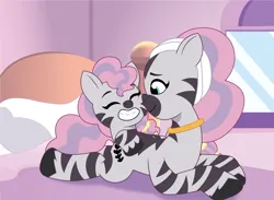 Size: 2046x1501 | Tagged: safe, artist:prixy05, derpibooru import, idw, pony, zebra, g5, my little pony: tell your tale, bed, boop, commission, commissioner:dragonpone, duo, duo female, female, filly, foal, i can't believe it's not hasbro studios, idw showified, image, lying down, mare, mariama, mother and child, mother and daughter, png, prone, skye