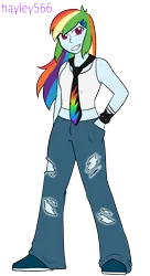 Size: 1704x3132 | Tagged: safe, artist:hayley566, derpibooru import, rainbow dash, equestria girls, g4, 2000s, bracelet, clothes, commission, converse, fashion, female, grin, image, jeans, midriff, necktie, pants, png, ripped jeans, ripped pants, shoes, simple background, smiling, solo, spiked wristband, tanktop, tomboy, torn clothes, transparent background, wristband