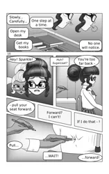 Size: 1732x2756 | Tagged: safe, artist:cybersquirrel, derpibooru import, part of a set, sci-twi, sugarcoat, twilight sparkle, human, comic:take a seat miss sparkle, clothes, comic, glasses, image, monochrome, part of a series, pencil, png, school uniform, speech bubble, text