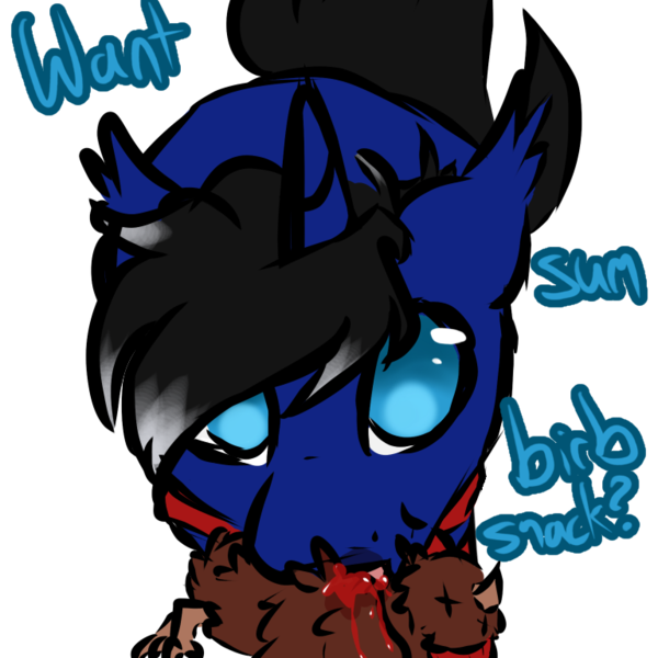 Size: 768x768 | Tagged: safe, artist:fluffyghost, derpibooru import, oc, oc:night reader, unofficial characters only, bat pony, hybrid, unicorn, bat pony oc, bat wings, behaving like a cat, blood, clothes, dead bird, horn, hybrid oc, image, offering, pleading eyes, png, scarf, unicorn oc, wings