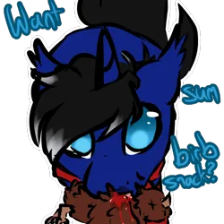 Size: 768x768 | Tagged: safe, artist:fluffyghost, derpibooru import, oc, oc:night reader, unofficial characters only, bat pony, hybrid, unicorn, bat pony oc, bat wings, behaving like a cat, blood, clothes, dead bird, horn, hybrid oc, image, offering, pleading eyes, png, scarf, unicorn oc, wings