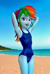 Size: 2862x4183 | Tagged: safe, ai content, derpibooru import, generator:civitai, machine learning generated, prompter:varveithor, rainbow dash, human, equestria girls, g4, 3d, arm behind back, armpits, beach, bedroom eyes, breasts, clothes, female, image, jpeg, legs, open mouth, photo, seductive, seductive look, sexy, small breasts, solo, swimsuit