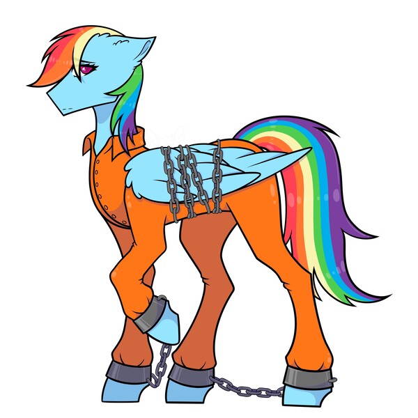 Size: 5000x5000 | Tagged: safe, artist:sprinkleofevergreen, derpibooru import, rainbow dash, bound wings, chained, chains, clothes, commissioner:rainbowdash69, image, jpeg, never doubt rainbowdash69's involvement, prison outfit, prisoner, prisoner rd, shackles, wings