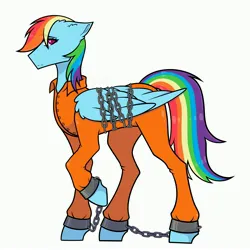 Size: 5000x5000 | Tagged: safe, artist:sprinkleofevergreen, derpibooru import, rainbow dash, bound wings, chained, chains, clothes, commissioner:rainbowdash69, image, jpeg, never doubt rainbowdash69's involvement, prison outfit, prisoner, prisoner rd, shackles, wings