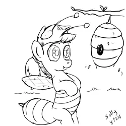 Size: 4960x4960 | Tagged: safe, artist:sollace, derpibooru import, oc, oc:anonfilly, unofficial characters only, bee, bee pony, hybrid, insect, original species, pony, cute, derpibooru exclusive, female, filly, flying, foal, hive, image, monochrome, outdoors, png, simple background, solo, species swap, tree branch