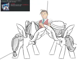 Size: 1888x1475 | Tagged: safe, artist:anonymous, derpibooru import, edit, oc, oc:amber gleam, oc:sugar stamp, unofficial characters only, human, pegasus, pony, g4, ace attorney, apollo justice, butt, corner, cornered, elements of justice, female, image, male, mare, pegasus oc, plot, png, requested art, spread wings, straight, suggestive description, trio, trio male and female, wingboner, wings